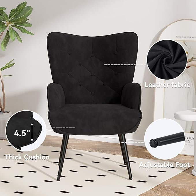 Nalupatio Mid Century Modern Accent Chair Velvet Upholstered Armchair with Metal Legs Tufted Button Wingback Side Chair High Back Reading Chair for Living Room Bedroom Black