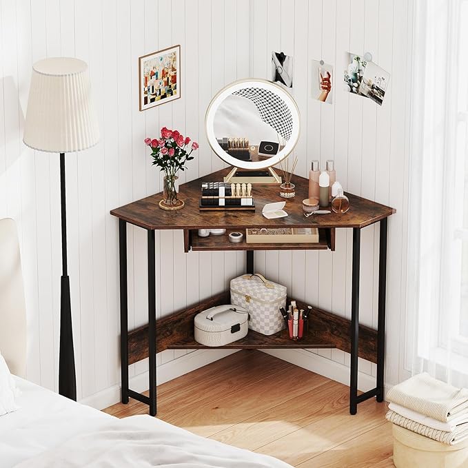 Giantex Small Corner Desk with Charging Station Triangle Computer Desk with Keyboard Tray &amp Storage Shelf Metal Corner Writing Desk for Bedroom Small Space Home Office Black &amp Rustic Brow