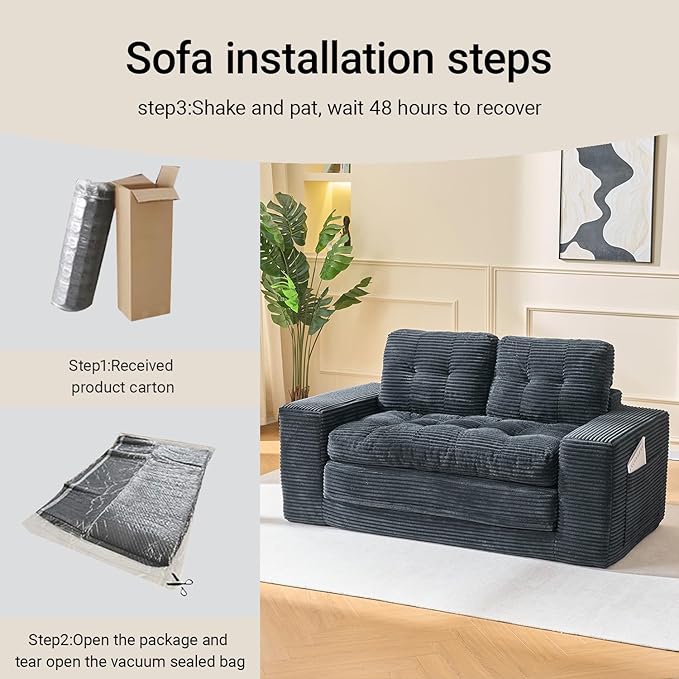 Fefances 66.93”Boneless Sofa Bed 2-in-1 Convertible Loveseat &amp Folding Futon Couch Small Space-Saving Design with Corduroy Fabric for Living Room Bedroom Studio Apartment - Black