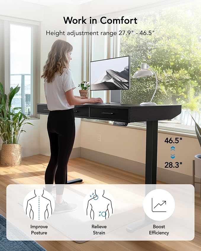 HUANUO Electric Standing Desk with Drawers C-Clamp Mount Compatible 48 x 24 Inch Height Adjustable Sit Stand Desk Fabric Drawers Home Office Stand Up Desk with 4 Custom Height Settings Black