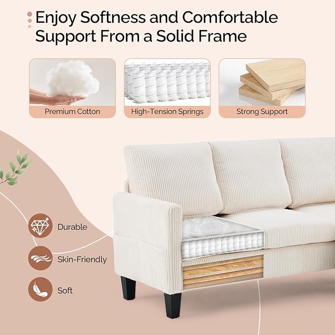 VINGLI 68.5' L Shaped Couch with Movable Storage Ottoman Convertible Sectional Sofa in Soft Corduroy Fabric Modern Reversible Chaise Couch for Small Spaces Apartment Living RoomCream White