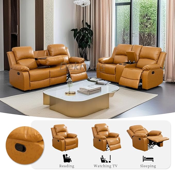 2PCS Reclining Couch Living Room Furniture Sets Manual Recliner Sofa Set Bonded Leather Sofa and Loveseat with Drop-down Table/Cup Holders/Storage Console for Home/Office/Rv Car (GingerSofa+Loveseat)