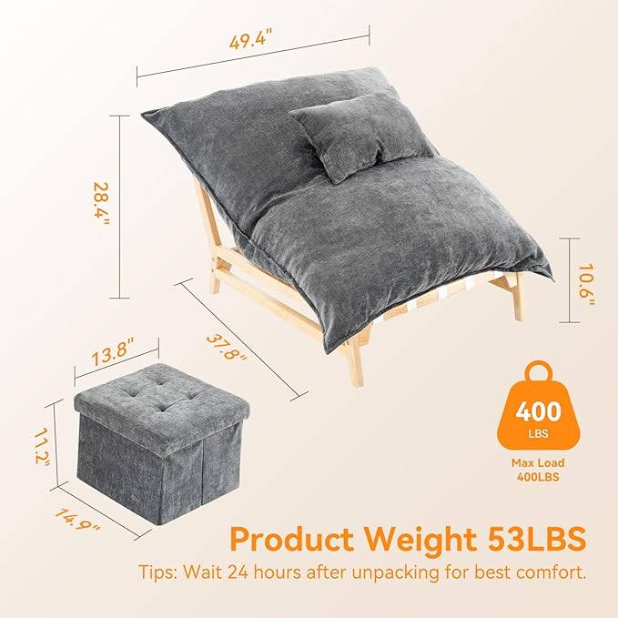 MOPHOTO Oversized Chaise Lounge Chair with Ottoman Multi-Functional Upholstered Recliner Chair Comfy Accent Chair with Storage Footrest &amp Pillow for Living Room Bedroom &amp Reading (Grey