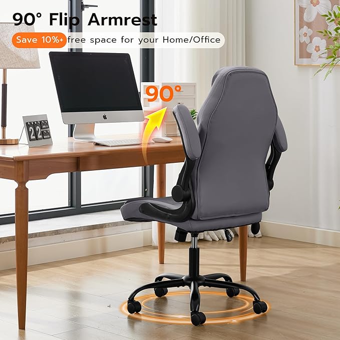 Office Desk Chair Ergonomic Computer Chair with Padded Flip-Up Arms and Adjustable Lumbar Support PU Leather Executive Chair with Tilt Lock and 360° Swivel Rolling Wheels for Work Study