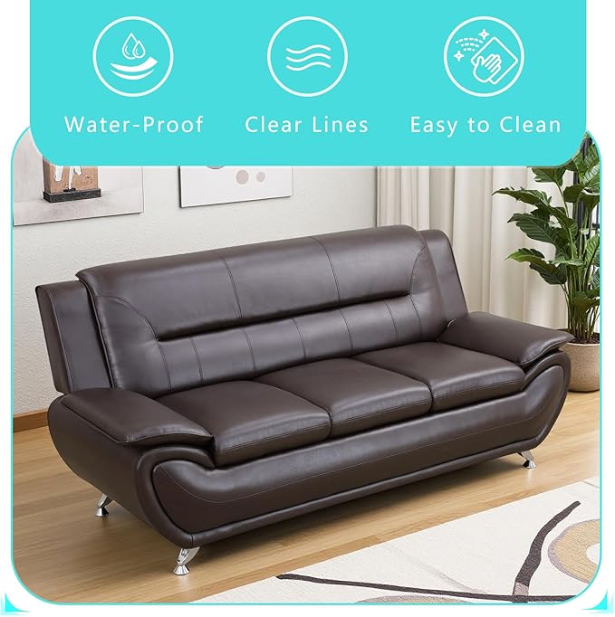 Brown Leather Sectional Sofa Couch Set Modern Sofa Set with Metal Feet 3PCS Living Room Furniture Set Easy Clean Faux Leather Loveseat &amp 2 Chairs for Home/Office/Club 2+1+1 Dark Brown