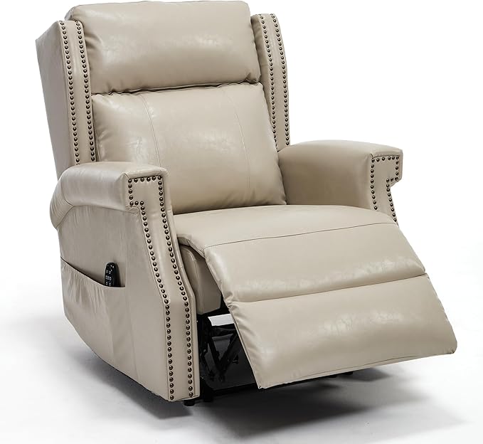 Manual Recliner Chair Faux Leather Push Back Recliners with Vibration Massage Lumbar Heat Living Room Single Sofa Reclining Rivet Design Chair Grayish Beige