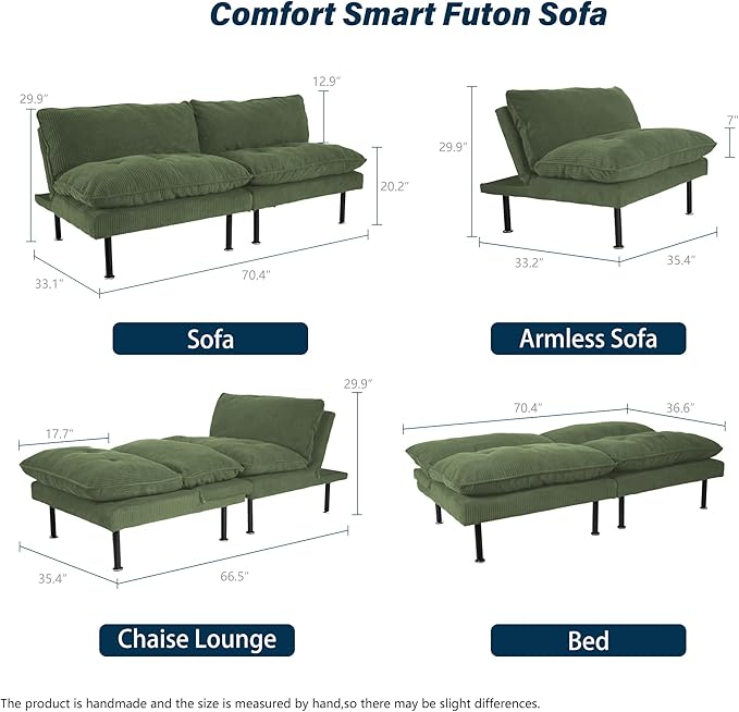 70 Futon Sofa Bed 4 in 1 Multi-Function Couch Sleeper with Adjustable Backrest Modern Convertible Futon Recliner Small Loveseat for Living Room Dorm Green