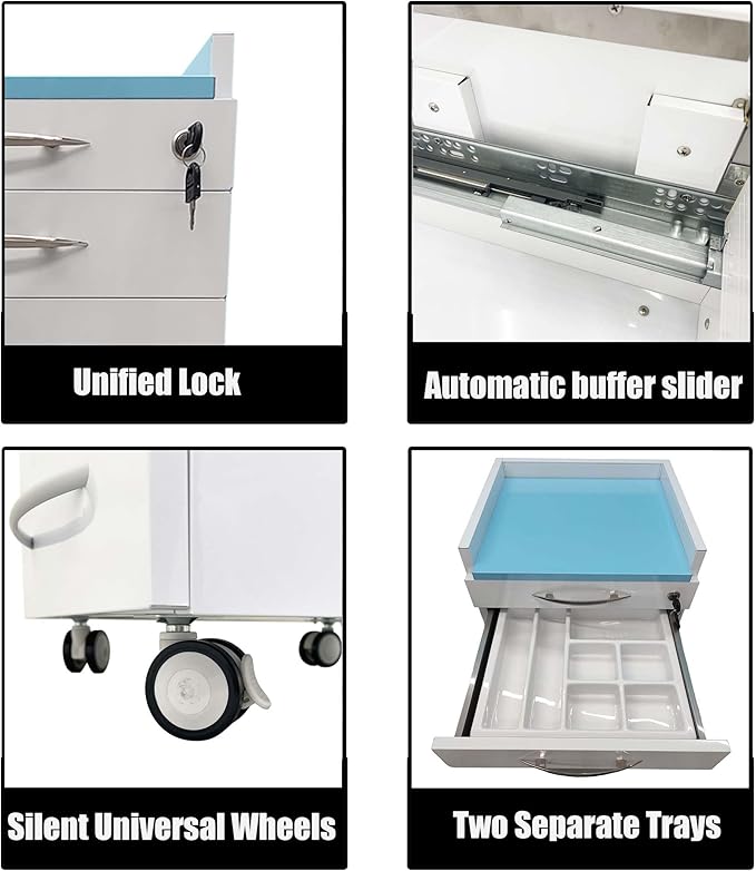 4 Drawers Mobile Office File Storage Cabinet Stainless Steel Dental Medical Assistant Cabinet Utility Cart Stainless Steel Countertop with Lock Storage Tray and Wheels for Office Hospital