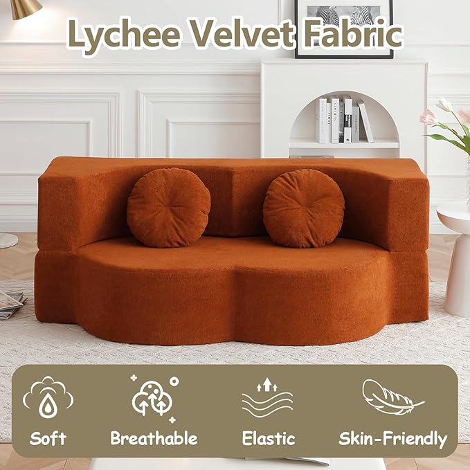 2-In-1 Futon Sofa Bed Foldable Couch with 2 Pillows Convertible Foldable Sofa Bed Folding Sofas Beds for Living Room Guest Room Apartment Office Lazy Sleeper Comfy No Assembly (Orange)