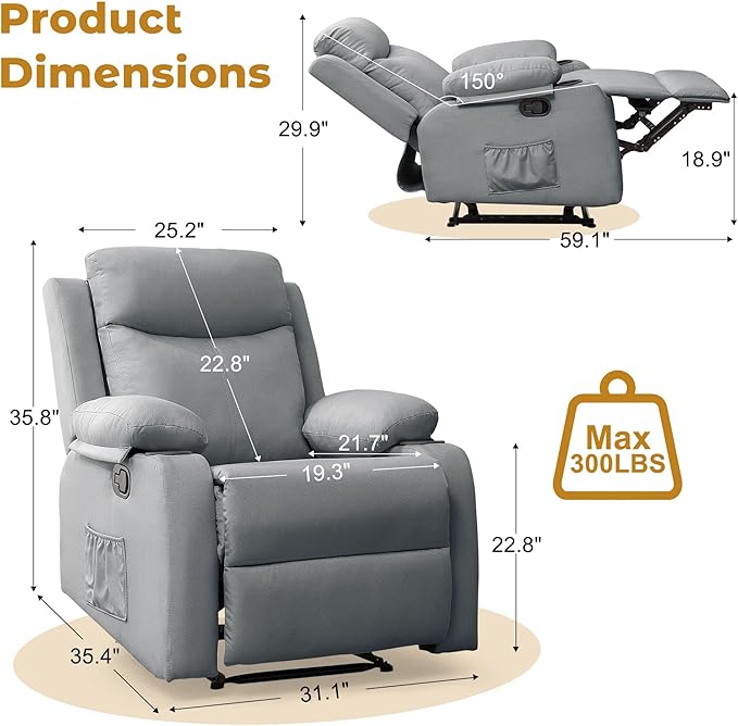 Recliner Chair Small Recliners for Small Spaces Reclining Chair Manual Recliner with Cup Holders and Side Pockets Chairs for Living Room Bedroom Nursery