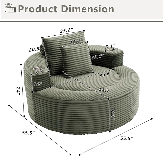 55 Green Oversized Round Boneless Couch Sofa Velvet Memory Foam Cloud Couches Lounge Chair Comfy Fluffy Single Sofa with 3 Pillows for Living Room Bedroom No Assembly Required (Green.)