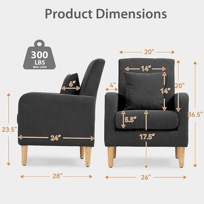 Upholstered Sofa Chair with Pillow Fabric Accent Armchair with Wooden Legs Comfy Lounge Chair for Living Room Bedroom or Office Supports up to 300 lbs (Black)