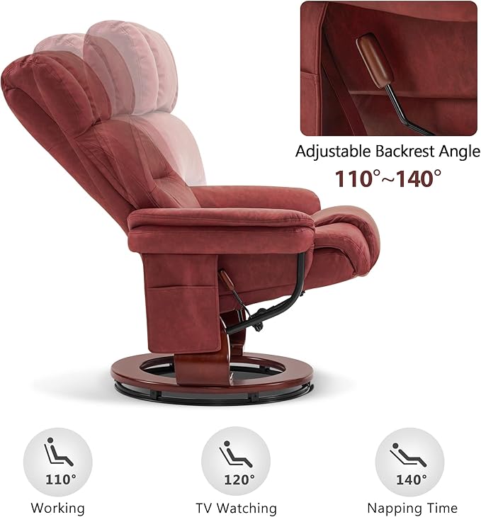 MCombo Swivel Recliners with Ottoman Reclining TV Chairs with Vibration Massage Faux Leather Ergonomic Lounge Chair for Living Room Bedroom 4832 (Burgundy)