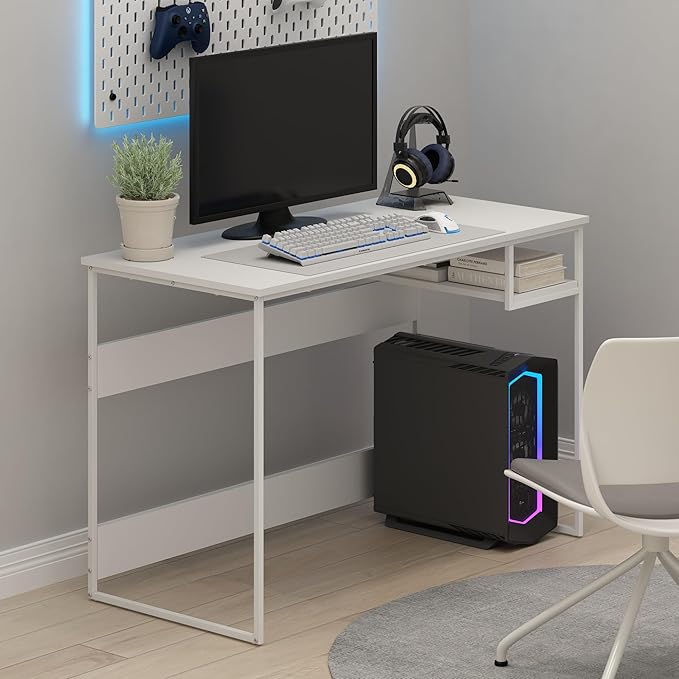 Furinno Moretti Desk 45 Wide Metal Frame Gaming Desk with Open Shelf Computer Desk Writing Desk Office Desk for Home Office Study Room Dorm Bedroom Solid White