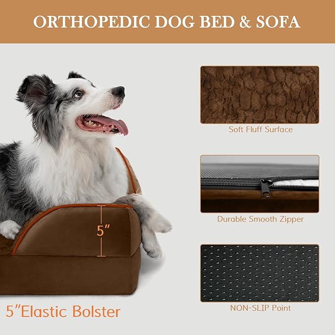 Comfort Expression Orthopedic Dog Bed for Extra Large Dogs 53x42 Inch Waterproof Egg Crate Foam XXL Pet Bed with Removable Bolsters Dog Couch with Washable Cover &amp Non-Slip Bottom Dark Brown