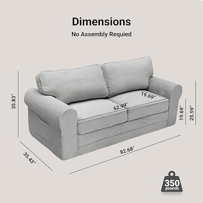 Claiks 83 Corduroy Loveseat Sofa for Living Room Boneless Sofa with Wide Rounded Armrest Deep Cushioned Couch with Lock-Stitched Edges Skin-Friendly Cloud Couch White Light Grey | Corduroy Bone