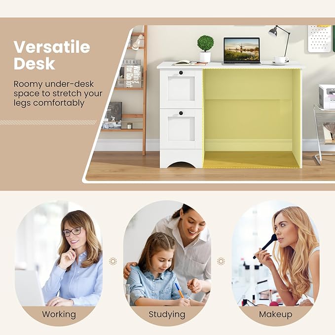 Tangkula White Desk with Drawers &amp Charging Station Wooden Home Office Desk PC Laptop Notebook Desk Compact Study Desk Writing Desk Computer Workstation Ideal for Home &amp Office