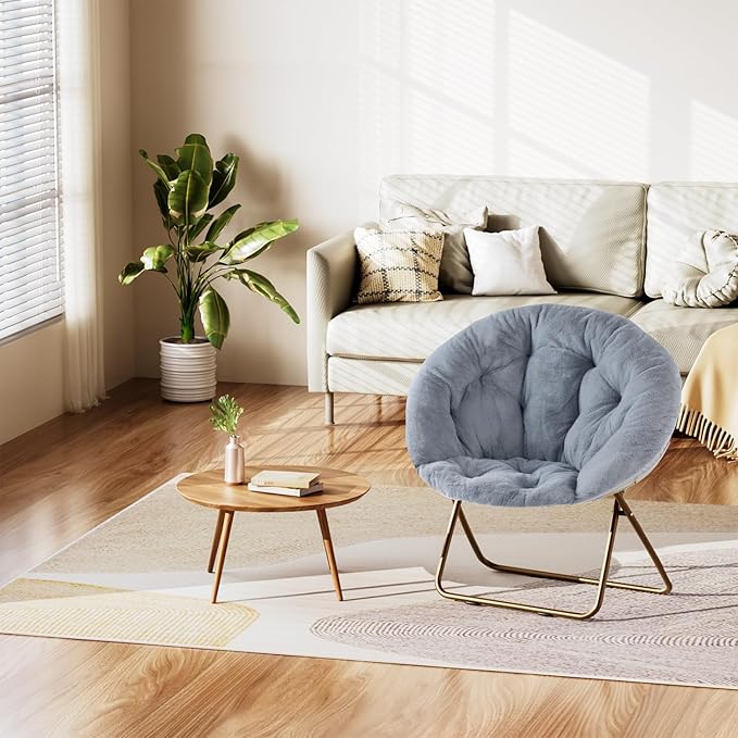 HealSmart Saucer Chair Comfy Faux Fur Folding Moon Chair with Metal Frame Cozy Round Chair Lounge Lazy Chair for Living Room Bedroom Adults Kids Teens Grey