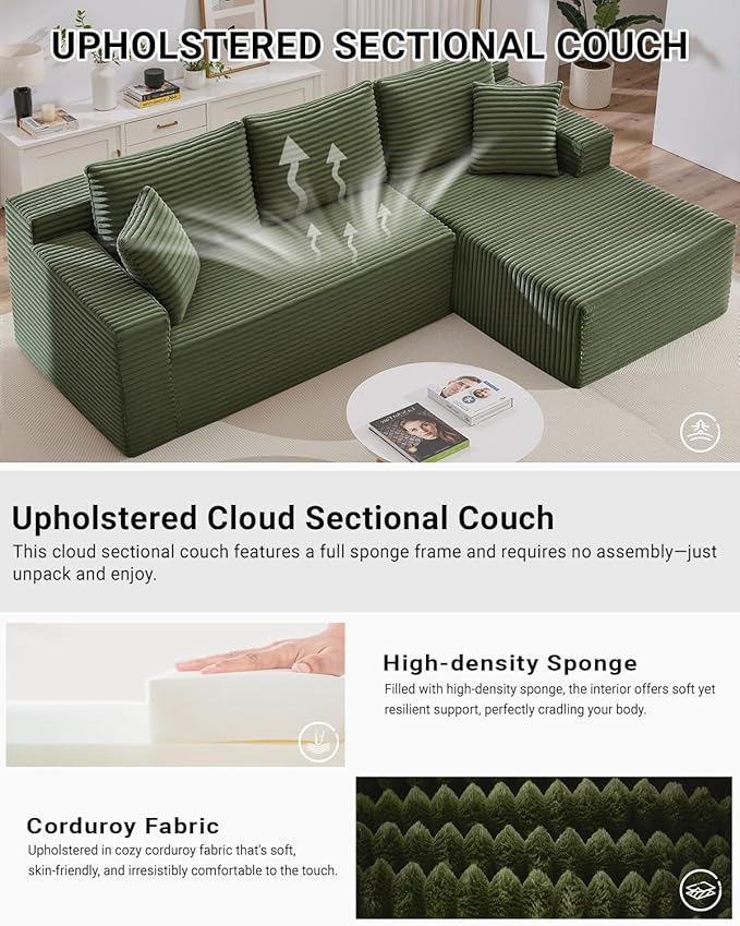 105 Inch Cloud Sectional CouchModern Modular Sectional Sofa with Deep SeatCorduroy Boneless Couches with L-Shape Chaise for Living Room BedroomNo Assembly Required (Green Right Facing Chaise)