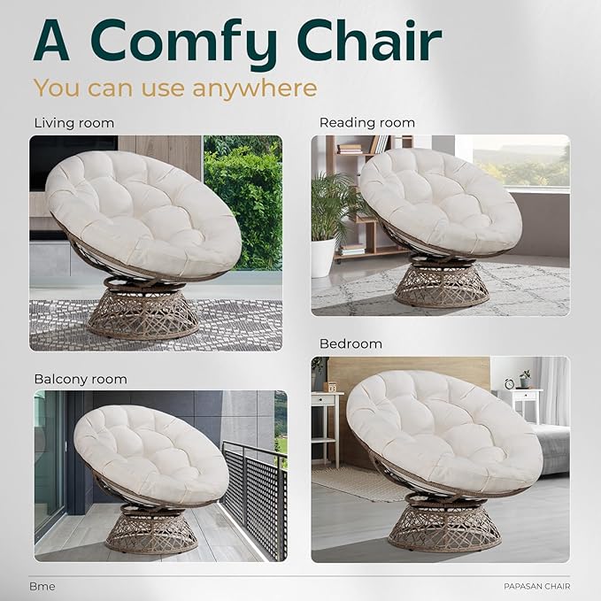 Bme 40 Ergonomic Wicker Papasan Chair with Soft Thick Density Fabric Cushion High Capacity Steel Frame 360 Degree Swivel for Living Bedroom Reading Room Lounge