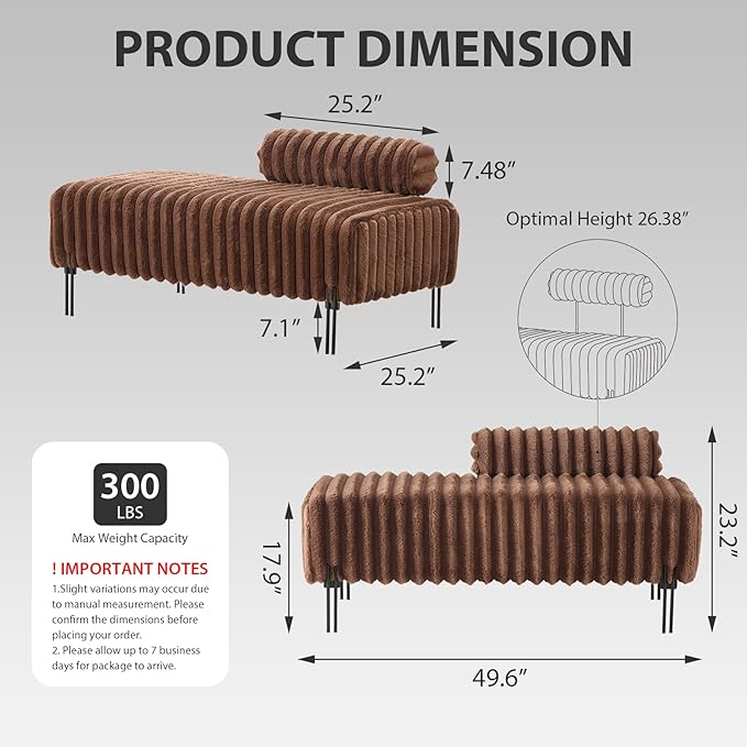 49.6'' Loveseat Sofa Modern Faux Fur 2-Seater Couch with Adjustable Backrest Comfy Bench for Entryway End of Bed Boutique Dressing Room Bedroom (Brown).