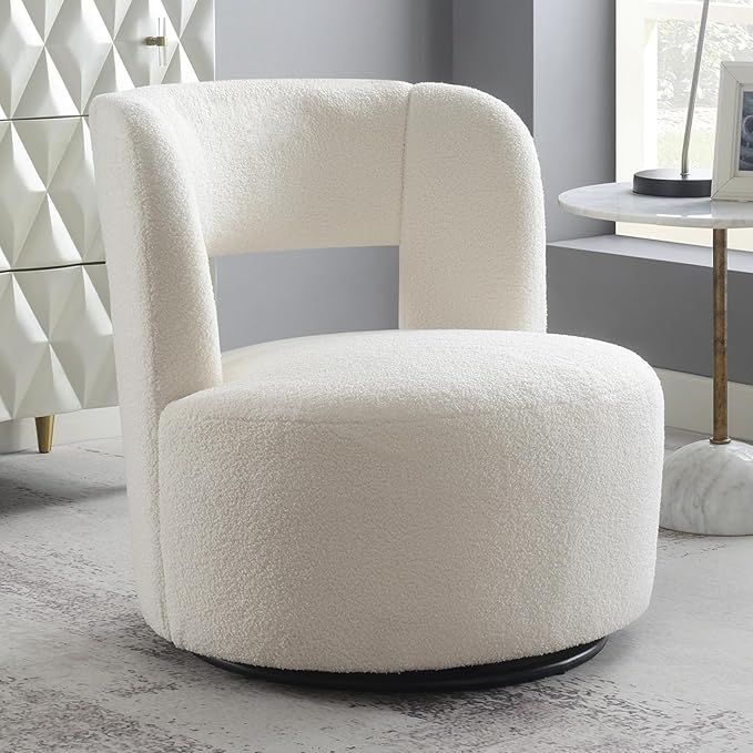 Swivel Accent Chair 360° Swivel Comfy Upholstered Seat for Living Room Bedroom Office Swivel Barrel Chair in Soft Teddy Fabric for Makeup Vanity &amp Waiting Room(White)