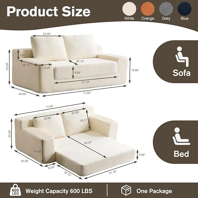71 Oversized Loveseat Pull Out Sofa 2 in1 Convertible Loveseat Sofa with Pillows Corduroy Folding Couch Bed with Deep Seat Boneless Couch for Small Room No Assembly Required White