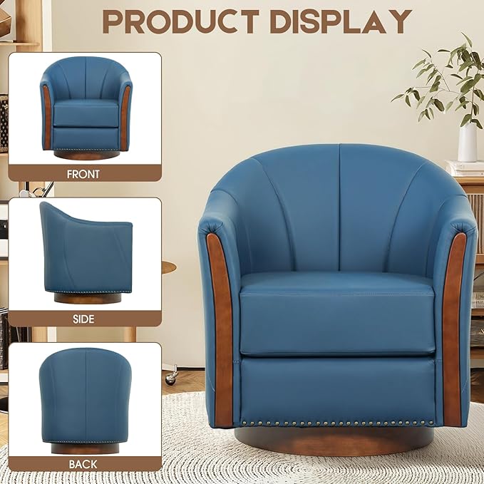 360° Swivel Accent Chair Modern Leather Barrel Club Chair with Leather Upholstery and Sturdy Wood Base Comfortable Armchair for Living Room Bedroom Reading Nook Blue