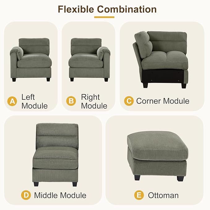 115 Wide Modular Sectional L Shaped Corner Sofa Couch Corduroy Fabric 5-Seater Couches with Thick Cushion and Rolled Arm for Living Room Green
