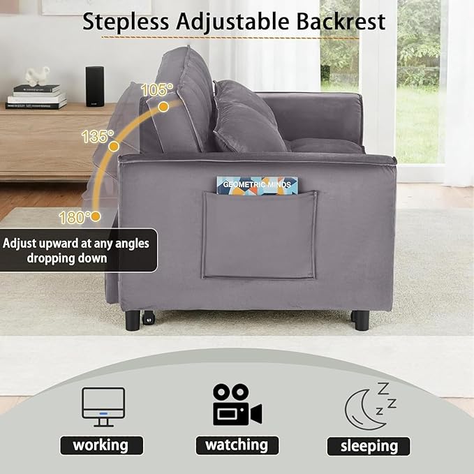 3 in 1 Folding Convertible Sofa Bed 55'' Pull Out Couch Bed with Side Pocket Velvet Fabric Loveseat Sleeper Sofa with Adjustable Backrest Easy AssemblyPerfect for Living Room Grey