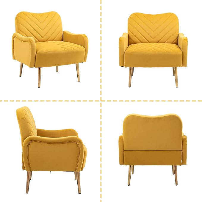 Velvet Accent Chair Comfy Upholstered Living Room Arm Chair Single Reading Sofa Chairs for Bedroom Office Small Spaces Waiting Room Furniture (Mustard Chair)