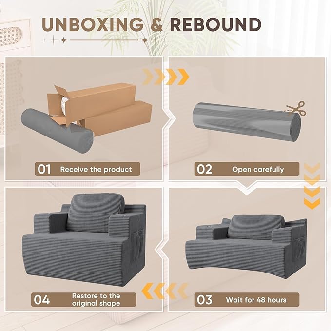Homall 42” Single Sofa Foam Couch for Small Spaces Upholstered Floor Sofa with Cup Holder &amp Storage Pocket Boneless Couch for Bedroom Living Room (Grey Single)