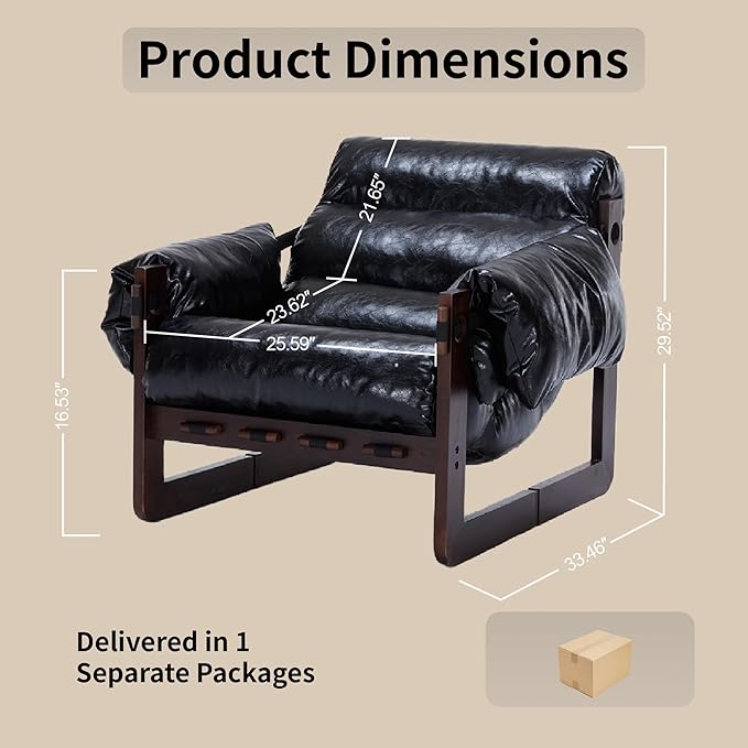 Livavege Retro Chaise Lounge Chair Indoor Oversized Leather Accent Chair with Thick Cushions &amp Solid Wood Base Support Comfy Armchair Deep Seat Sofas for Living Room/Bedroom/Home Office/Balcony