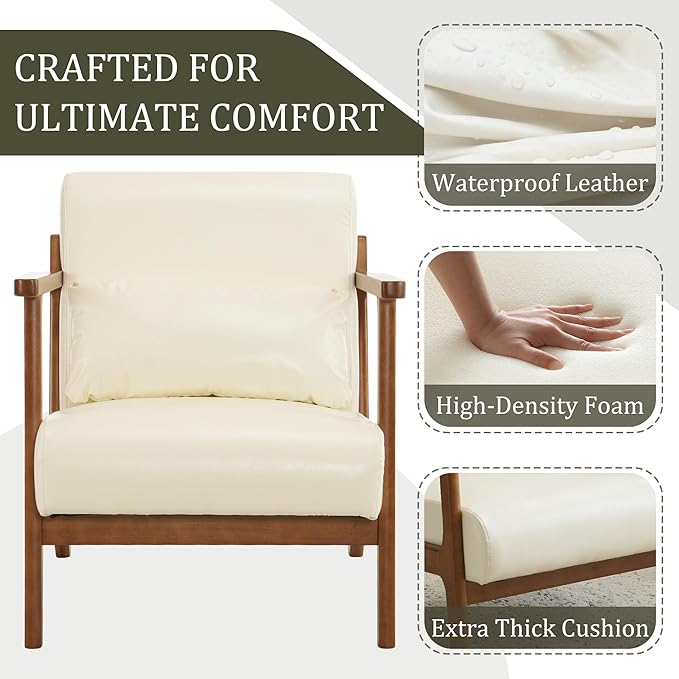 Modern Accent Chair and Ottoman Set Mid-Century Faux Leather Upholstered Lounge Armchair with Solid Wood Frame &amp Comfortable Cushion for Living Room Bedroom Balcony Beige