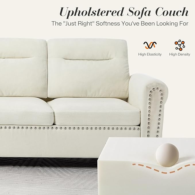 ABET 106 Inch Modular L-Shaped Sectional Couch with Ottoman 4 Deep Seat Convertible Sofa with Ottoman Nailhead Decor Comfy Upholstered Cushion for Living Room Bedroom Apartment Off-White-Beige