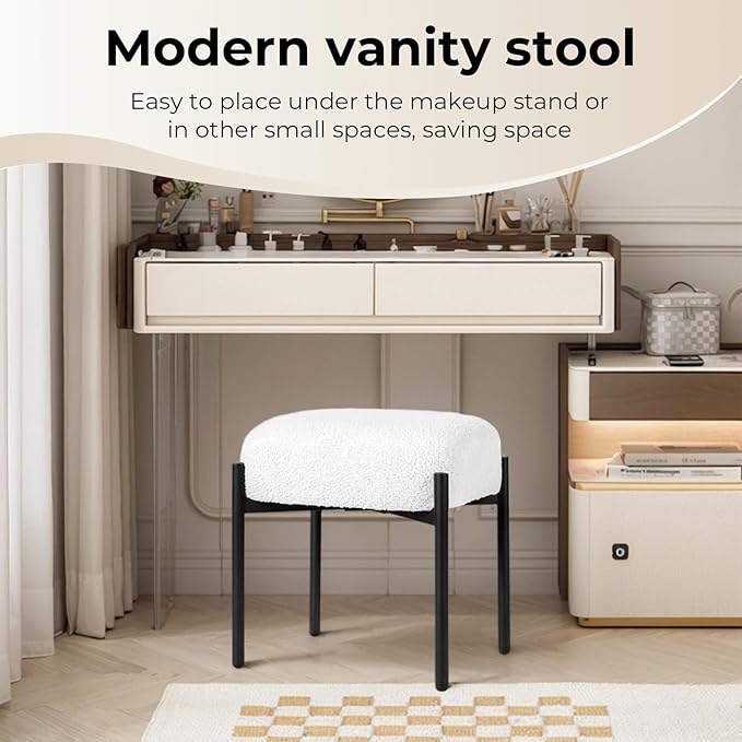 Vanity Stool Chair Faux Fur 16.3 L x 12.8 W x 17.3 H Soft Ottoman Makeup Chair Bench Furry Padded Seat with 4 Metal Legs Footstool Multifunctional Chairs for Bedroom Living Room