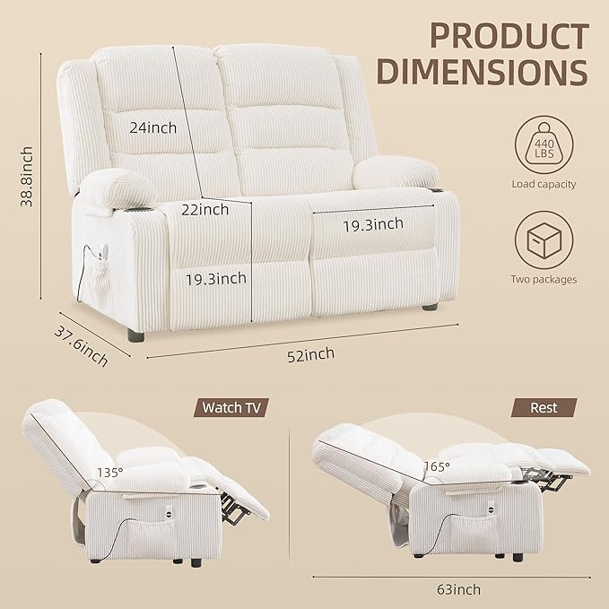 52Inch Power Loveseat ReclinerElectric Reclining Loveseat SofaAdjustable Love seat Recliner Sofa for Living RoomBedroom with Charging Ports(Striped White one seat+loveseat)