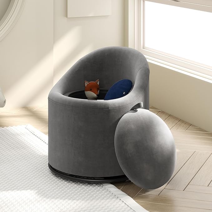 Giantex Swivel Accent Chair with Storage 360° Upholstered Vanity Chair with Backrest Velvet Modern Storage Ottoman Small Barrel Swivel Armchair for Bedroom Living Room No Assembly Grey