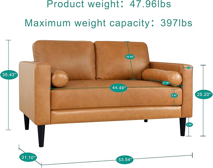 Naomi Home Marisa Mid-Century Modern Genuine Leather Loveseat Sofa – Comfortable 2-Seater Tan Cowhide for Small Spaces &amp Apartment Living – Robust Hardwood Frame