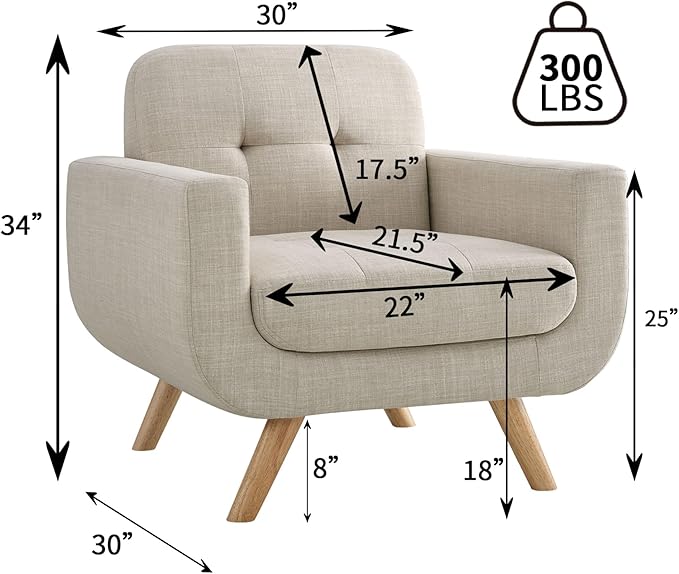 Rosevera Elena Contemporary Accent Armchair with Linen Upholstery Living Room Furniture Light Beige