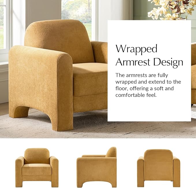 HULALA HOME Modern Curved Accent Club Chair Chenille Armchair Upholstered Sofa Chair with Wrapped Armrests Comfy Reading Armchair for Living Room Easy Assembly Camel