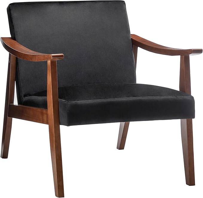 Accent Chair with Velvet Upholstery and Solid Wood Frame Classic Mid-Century Modern Living Room Furniture for Extra Seating Black