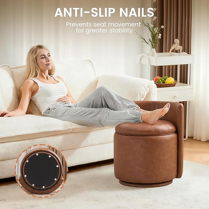 360° Swivel Vanity Chair with Storage PU Leather Round Storage Ottoman with Pillows No Assembly Modern Comfy Makeup Stool for Bedroom Dressing Living Room (White)
