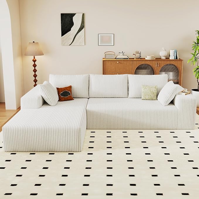 96 Modular Sectional Sofa Modern Corduroy Cloud Couch with Deep Seat Boneless Couch Upholstered 3-Seater L-Shaped Sofa for Living Room No Assembly Required (White Left-Facing Chaise)