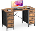 DUMOS 47 Inch Computer Desk with 8 Fabric Drawers Office Gaming Desk with Storage Writing Study Table with X-Shaped Reinforced Structure Rustic Brown
