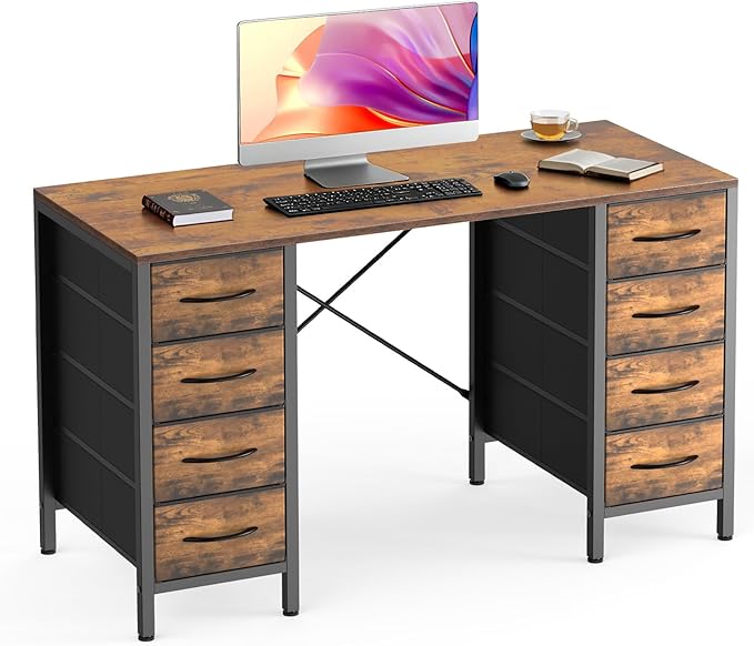 DUMOS 47 Inch Computer Desk with 8 Fabric Drawers Office Gaming Desk with Storage Writing Study Table with X-Shaped Reinforced Structure Rustic Brown