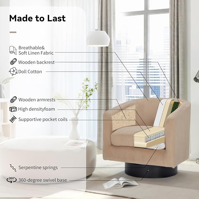 Swivel Accent Chair 360°Swivel Barrel Chair Comfy Upholstered Corduroy Club Armchair for Living Room Reading Room Bedroom (Light Brown)