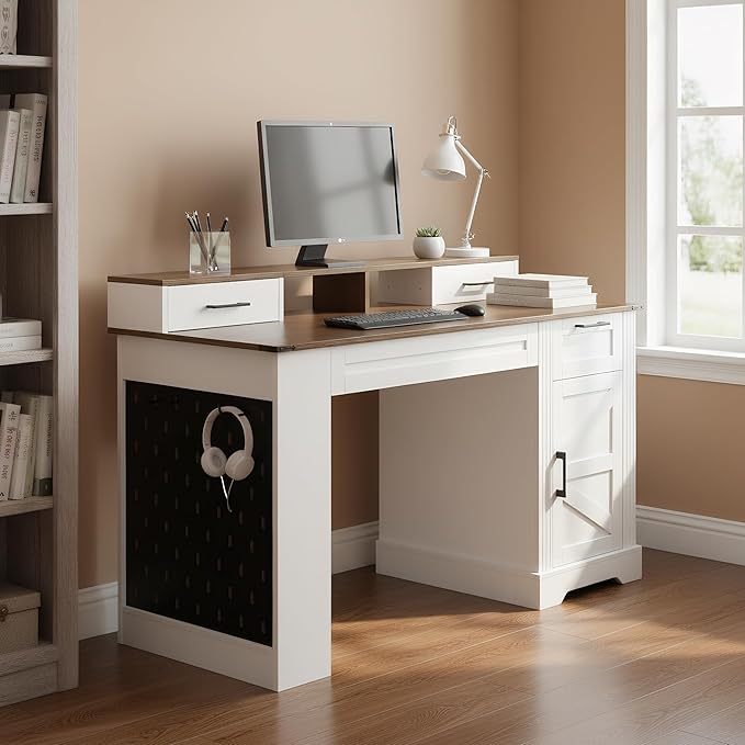 55 Farmhouse Executive Desk with Hutch and Pegboard Computer Desk with Drawers Cabinet Magazine Rack and Charging Station Home Office Desk for Small Space White