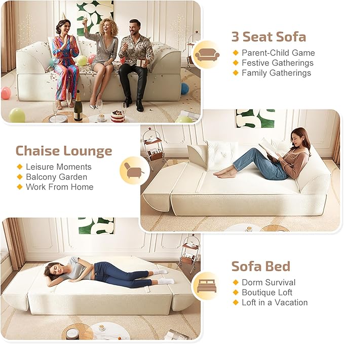 3-in-1 Convertible Sofa Bed 3-seater Boneless Futon Couch with Adjustable Backrest and Armrests Chenille Chaise Lounge Sofa with Pillows Floor Sleeper Loveseat for Living Room Reading Room Beige