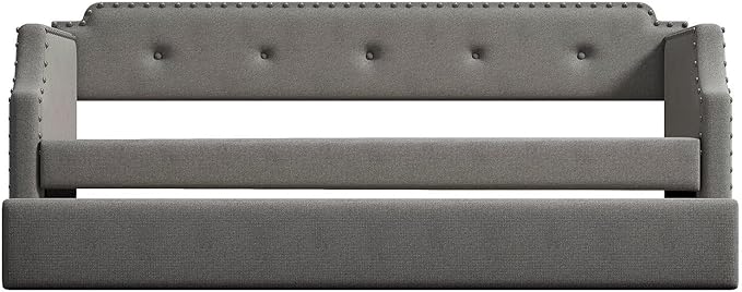 Gray Linen Upholstered Daybed with Trundle Twin Sofa Bed with Wood Slat Support French Country Style for Living Room or Guest Room